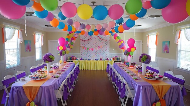 Photo bright and colorful birthday party room with long tables decorated with purple and yellow tablecloths and chairs with purple sashes