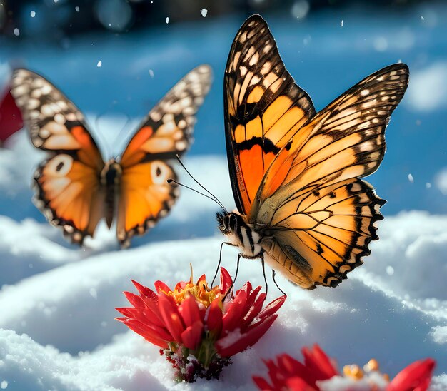 bright colorful butterflies on the snow close up wonders of nature