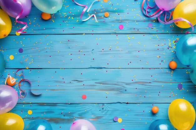 Photo bright colorful carnival or party frame of balloons streamers and confetti on a wooden background copy space