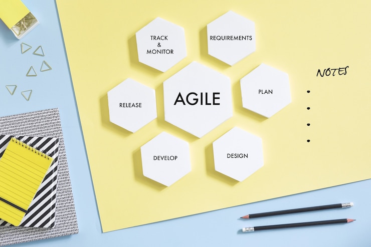 Photo bright and colorful composition of creative worspace with hexagons as copy space and stylish offfice accessories as pencils, pens, notebooks and cup of coffee. template. blue and yellow background.