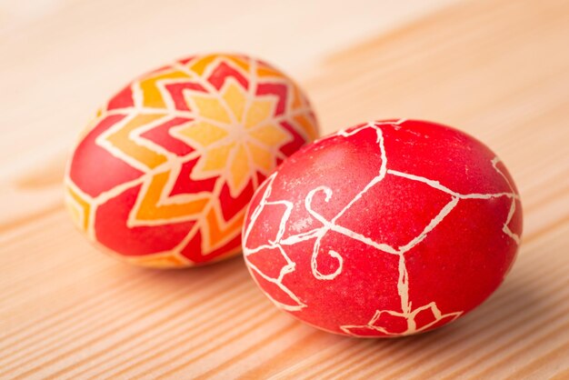 Bright colorful easter eggs on the table. Preparations for celebrating Easter