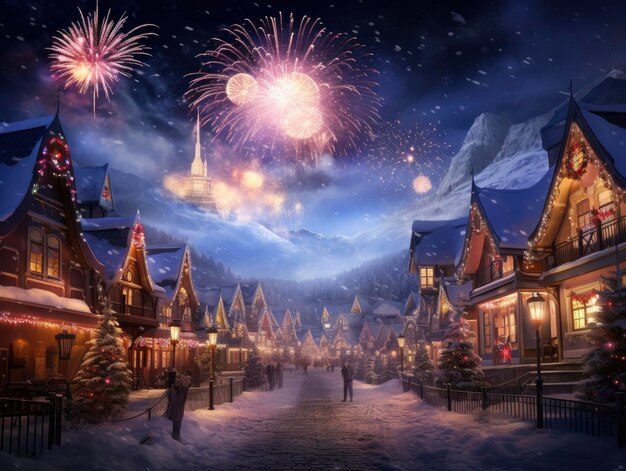 Bright colorful fireworks and salutes in the night sky against the backdrop of santa claus village