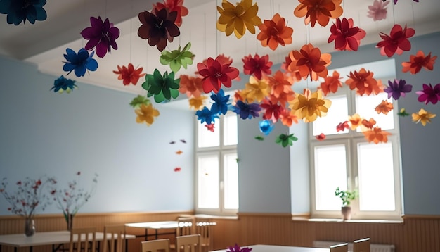 写真 鮮やかな色彩の花は,人工知能によって生成された活気のある部屋の近代的なテーブルを飾っています