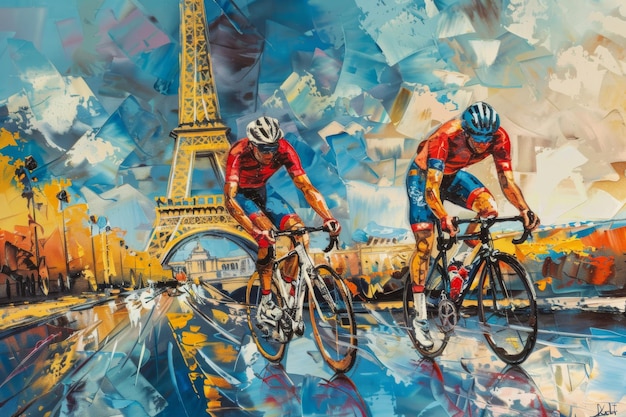 자전거 타는 사람 들 과 에펠 탑 을 그린 화려 한 그라피티 스타일 의 그림