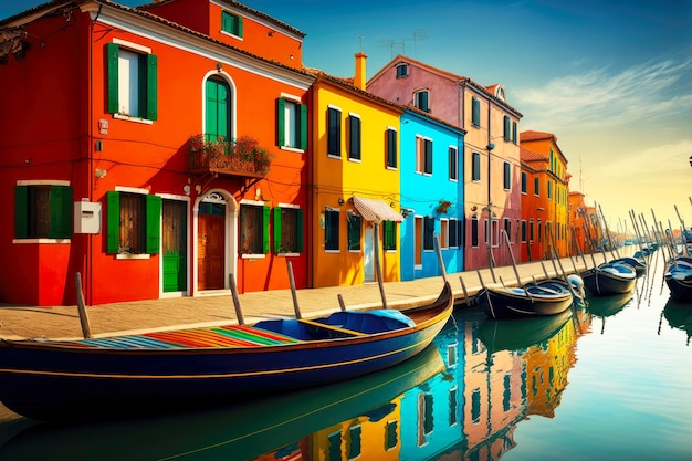 Bright colorful houses on banks of canals in village burano street