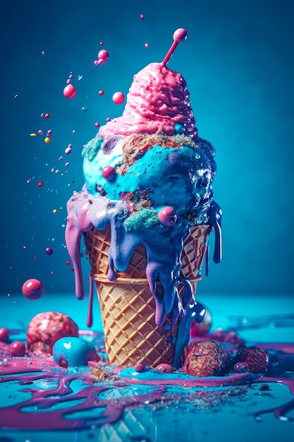 Bright colorful ice cream advertising for candy shop or cafe created using generative ai