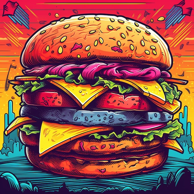 bright and colorful illustration of a juicy hamburger