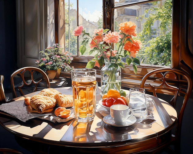 Bright colorful illustration of a set table with pastries and drinks flowers Image generated by AI