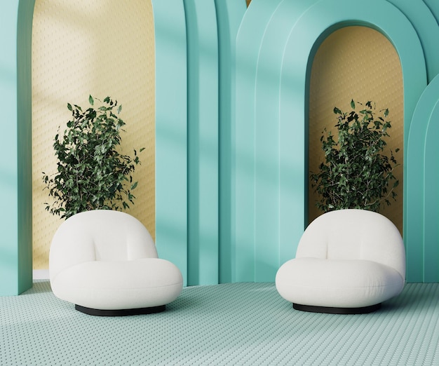 Bright colorful interior with 2 armchairs bluea arches and yellow wall green plants in pot 3d rendering