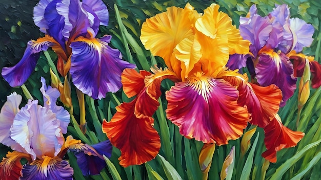 오일 페인트로 칠한 정원에서 꽃을 피우는 밝은 색의 아이리스