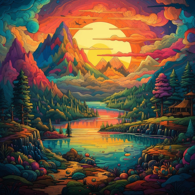 Bright colorful landscape painting artwork