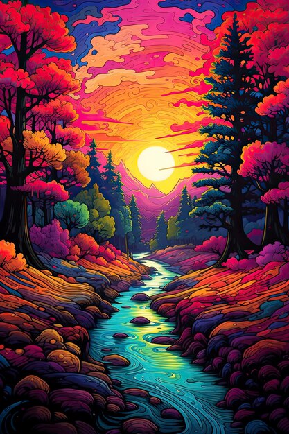 Bright colorful landscape painting in the style of dan