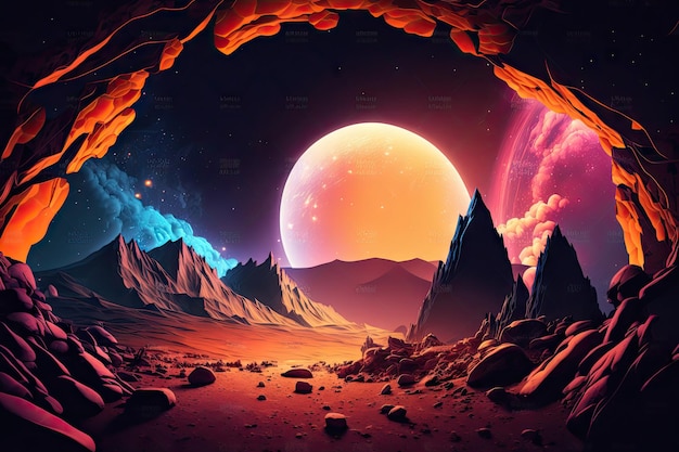 Bright colorful landscape of planet against backdrop of stars in cosmos futuristic virtual world