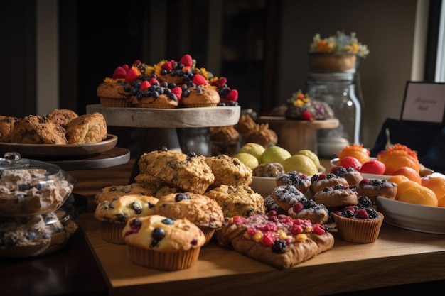 Bright and colorful mix of muffins scones and pastries on display created with generative ai