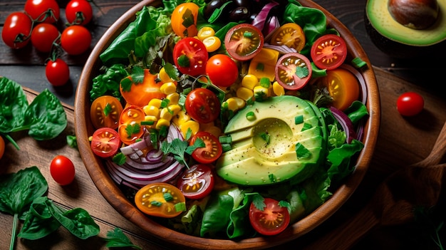 Bright and colorful mixed salad bowl filled with leafy greens ripe cherry tomatoes and creamy avocado slices Generative AI