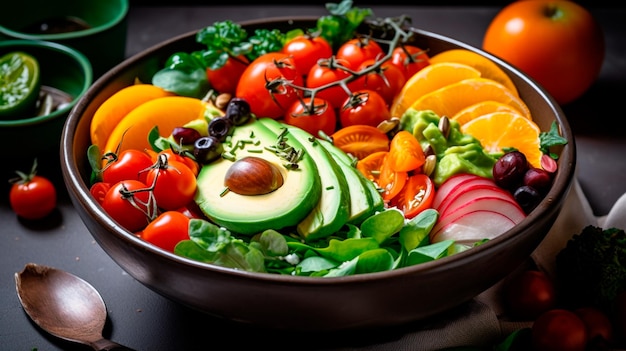 Яркая и красочная салатница, наполненная листовой зеленью, спелыми помидорами черри и кремовыми ломтиками авокадо Генеративный AI