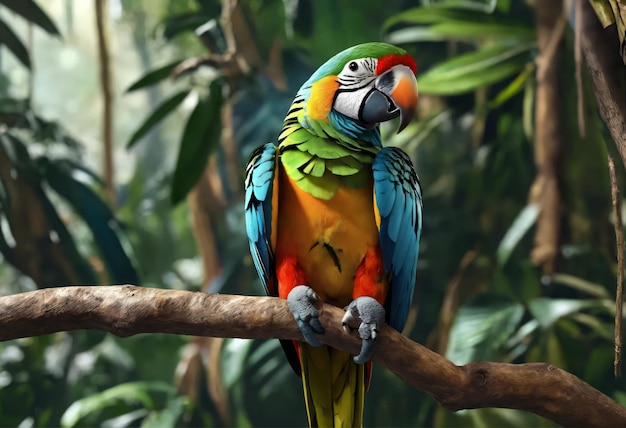 Bright colorful parrot on a branch in the jungle