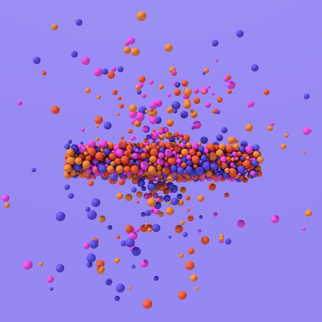 Bright colorful particles flying. Violet background. Abstract illustration, 3d render.