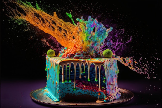 A bright, colorful piece of cake bursts with colored splashes