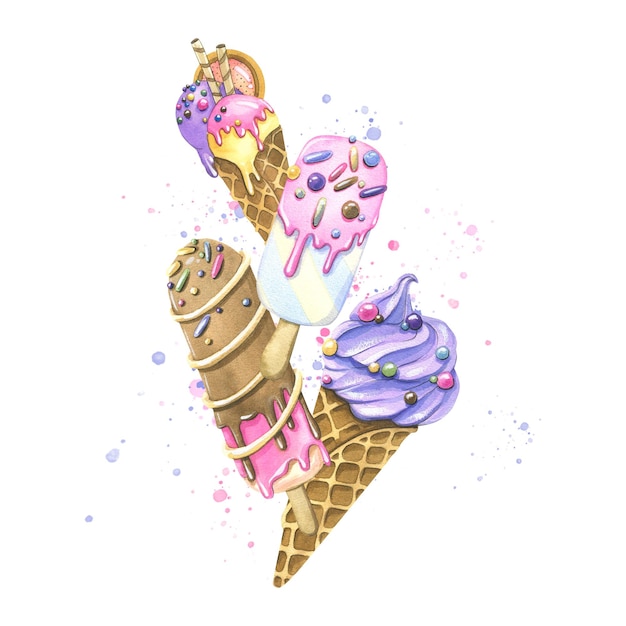 Bright colorful popsicle and soft ice cream in waffle cones with icing and topping Watercolor illustration Composition from the ICE CREAM collection For the design and design of menus price tags