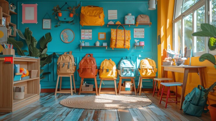 Photo a bright and colorful room with a teal wall a wooden shelf and a variety of backpacks