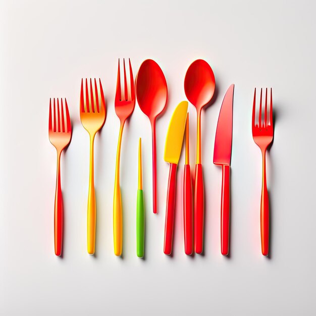 Bright colorful set of disposable plastic tableware isolated on white background and crossed red for