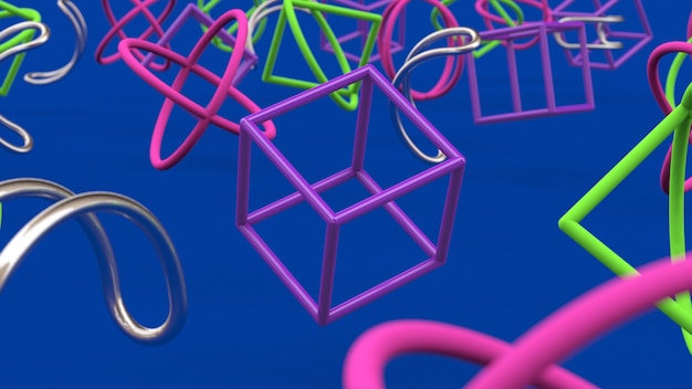 Bright colorful shapes. Blue background. Closu-up. Abstract illustration, 3d render.