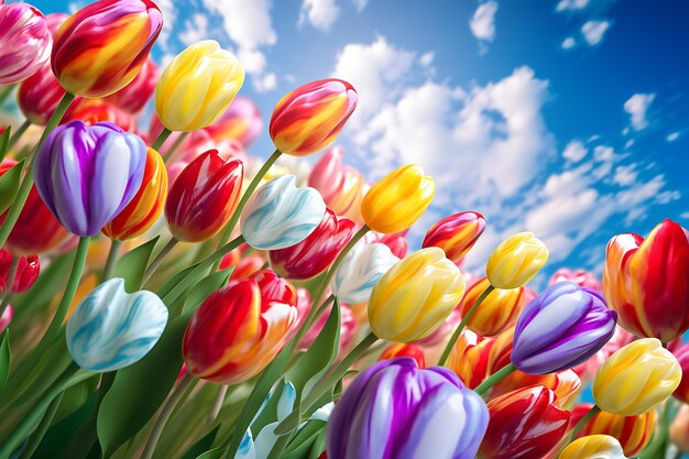 Bright colorful tulips on a windy spring day