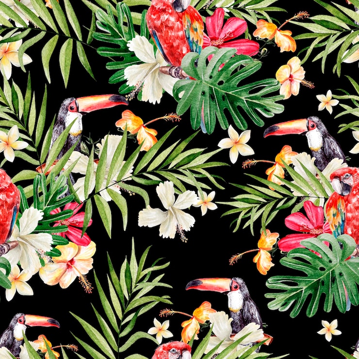 Photo bright colorful watercolor pattern with leaves of palms and monsters hibiscus, flowers
