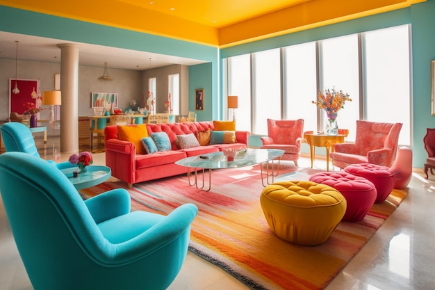 Bright colors living room space plush furniture AI generative