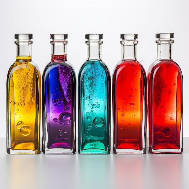 Фото Яркие цвета жидкости в многоцветных стеклянных бутылках на белом фоне, генерируемых искусственным путем.