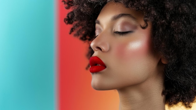 Photo the bright colors of valentine39s day complement the brunette woman39s afro hairstyle contrasted with the red lipstick she is sharing love and kissing lips valentine39s day valentine39s day african