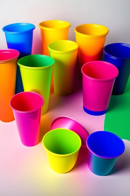 Bright colourful disposable plastic cups isolated on white background ecology problem copy space