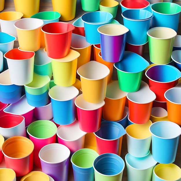 Bright colourful disposable plastic cups isolated on white background ecology problem copy space