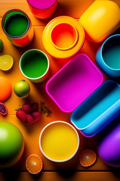 Bright colourful disposable plastic cups isolated on wooden background ecology problem