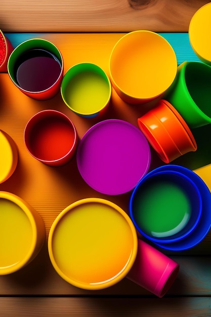 Bright colourful disposable plastic cups isolated on wooden background ecology problem