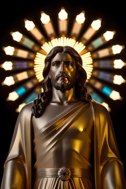 Bright colourful light behind Jesus Christ statue