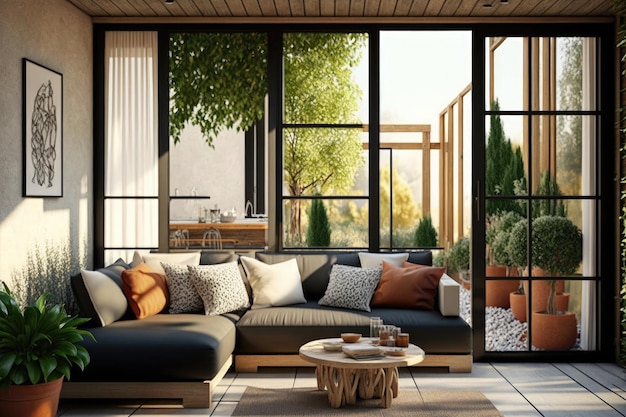 Bright comfortable modern patio with panoramic windows and comfortable sofa created with generative