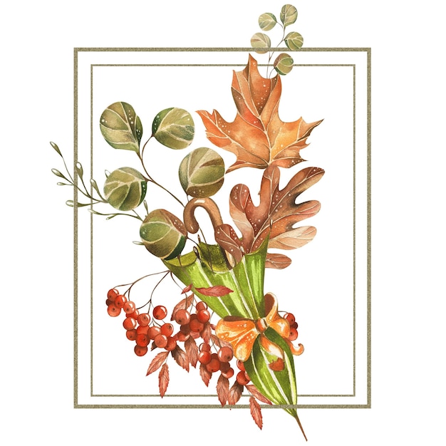 bright composition frame green umbrella with orange bow autumn leaves oak maple eucalyptus rowan berries watercolor illustration for postcards websites wallpaper packaging textiles