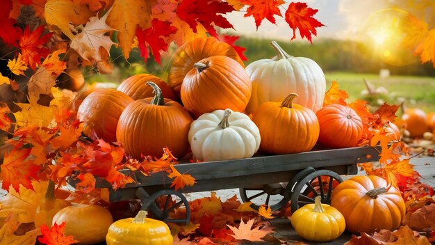 Bright composition of pumpkins and maple leaves