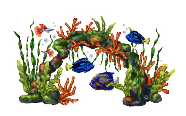 A bright composition with an underwater world Red coral seaweed tropical fish royal blue