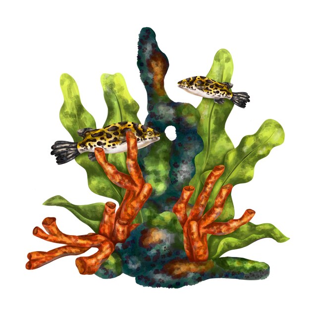 a bright composition with an underwater world red coral seaweed tropical leopardcolored fish digital illustration on a white background for printing stickers posters postcards prints