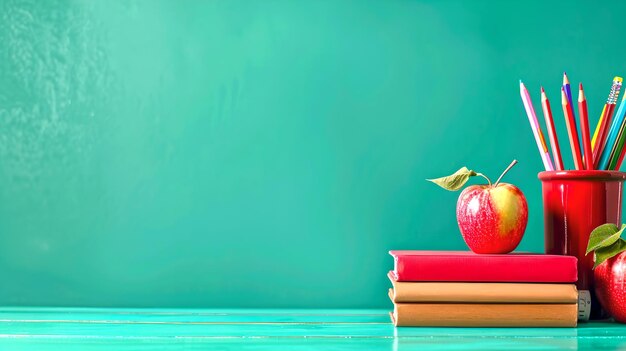 Bright Conceptual Image of Learning and Education Red Apple on Books with Pencils on Green Background Classroom Still Life Scene Captures the Essence of School Life AI