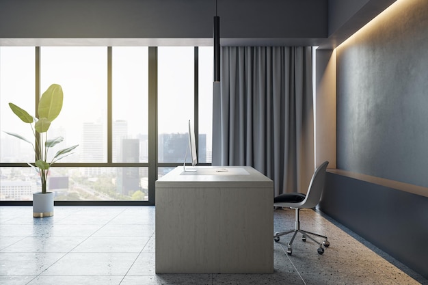 Bright concrete office interior with tile floor furniture equipment and window with city view 3D Rendering