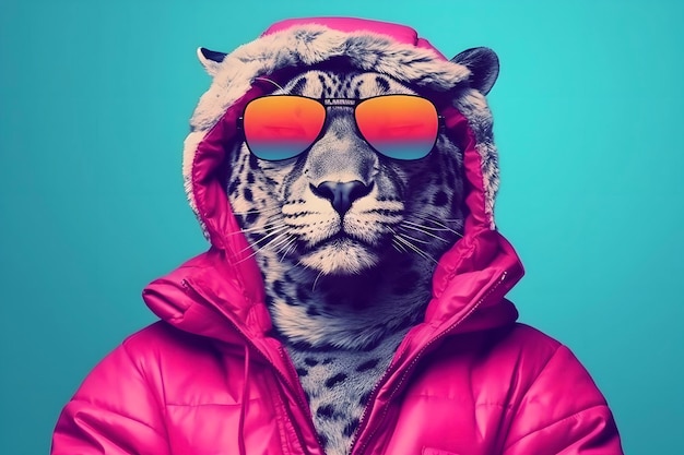Foto leopardo brillante e fresco con una giacca d'inverno rossa e occhiali da sole il concetto di divertimento e moda