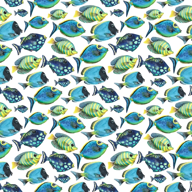 Photo bright coral fish different on a white background watercolor illustration seamless pattern from a large set of tropical fish for decoration and design of fabric textiles wallpaper paper