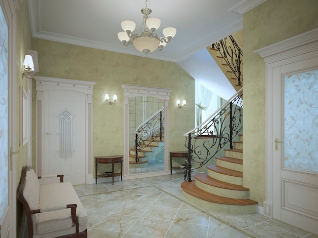 Bright corridor of luxury house in neoclassical style with wide meeting with sconces on perimeter and plaster textured walls of light olive color with light marble ceramic flooring. 