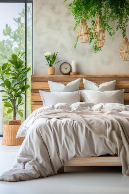 Фото Светлая уютная спальня с кроватью и комнатными растениями в скандинавском стиле