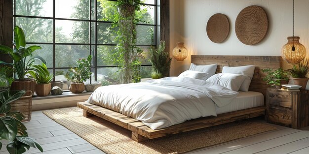 Bright and cozy modern bedroom with wooden large bed smoothing morning light with modern decoration 3d render