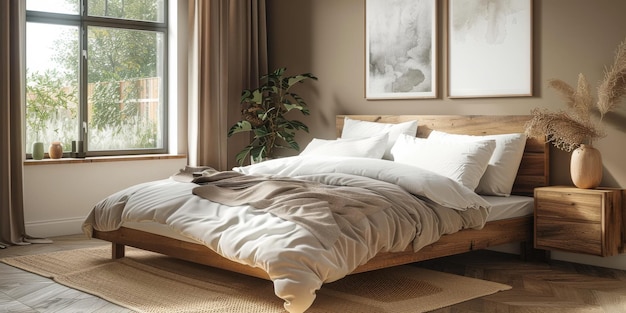 Яркая и уютная современная спальня с деревянной большой кроватью с утонченным утренним светом с современным украшением